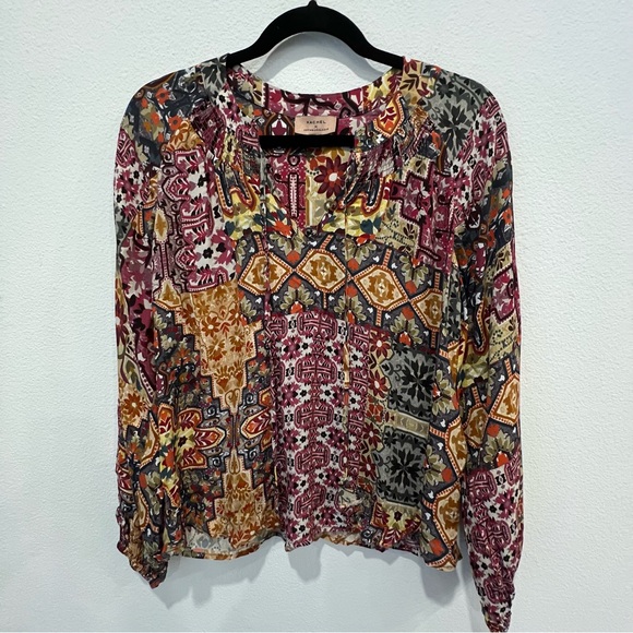 Anthropologie Kachel Multicolor Ambrosia Peasant Blouse Top Silk Blend Size 4 - Picture 1 of 10